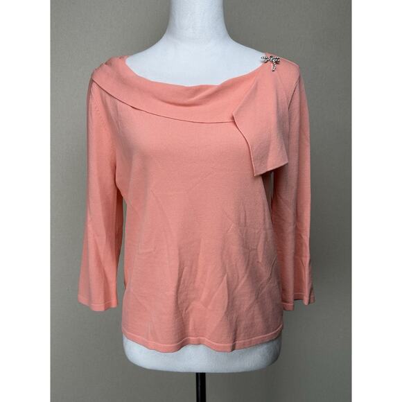 R.Q.T. Sz M Peach Boat Neck with Fold Down Neck Dragon Fly Broach NWT Feminine - Picture 1 of 13